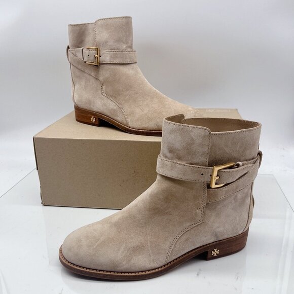 Tory Burch Brooke Harness Moto Riding Ankle Boots Booties Beige Suede US 7 - Picture 1 of 12